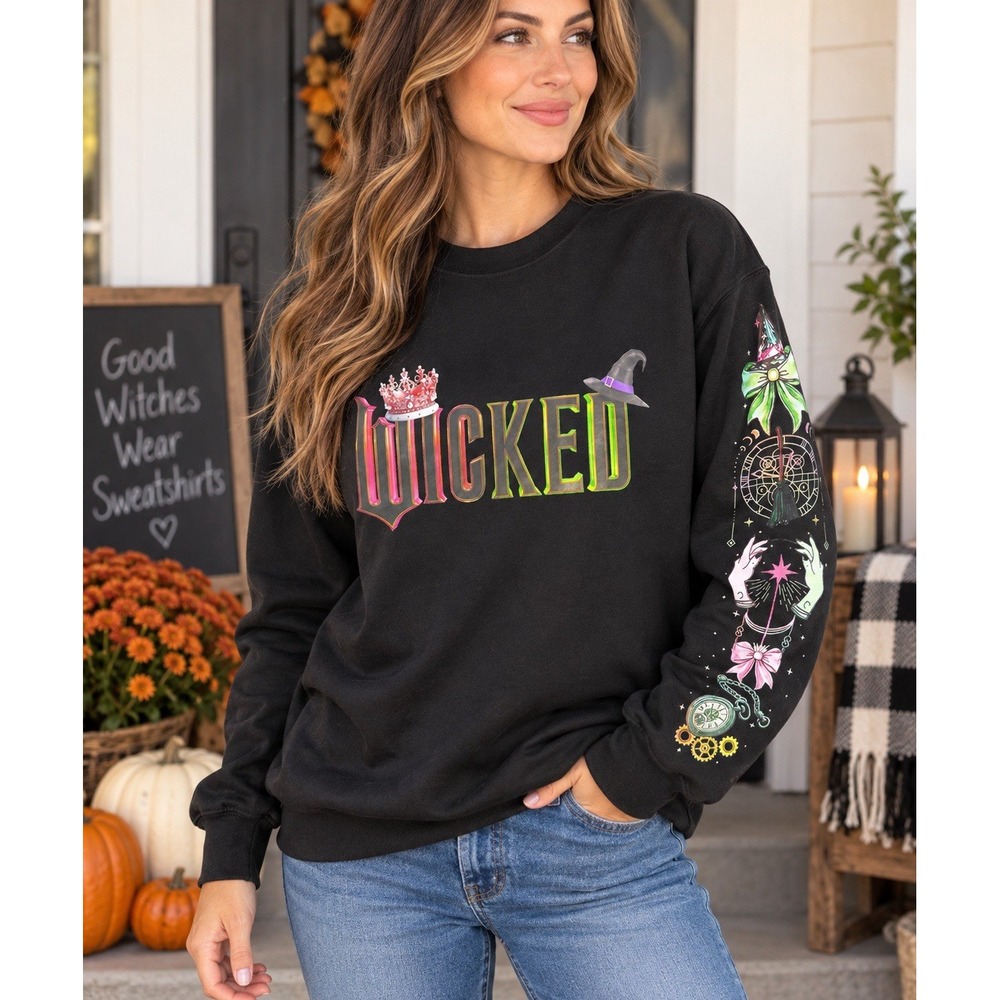 Gildan Wicked Witch Halloween Sweatshirt Women's XL Black Graphic Sleeve